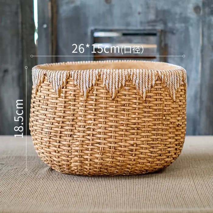 Pot de fleur en rotin tissé rustique, jardinière décorative de bureau en ciment, conteneur de plantes de jardin de balcon, conception de Faux Drainage