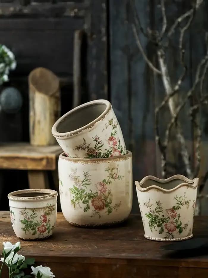 Pot de fleurs en céramique rose vieilli style vintage français pour plantes vertes