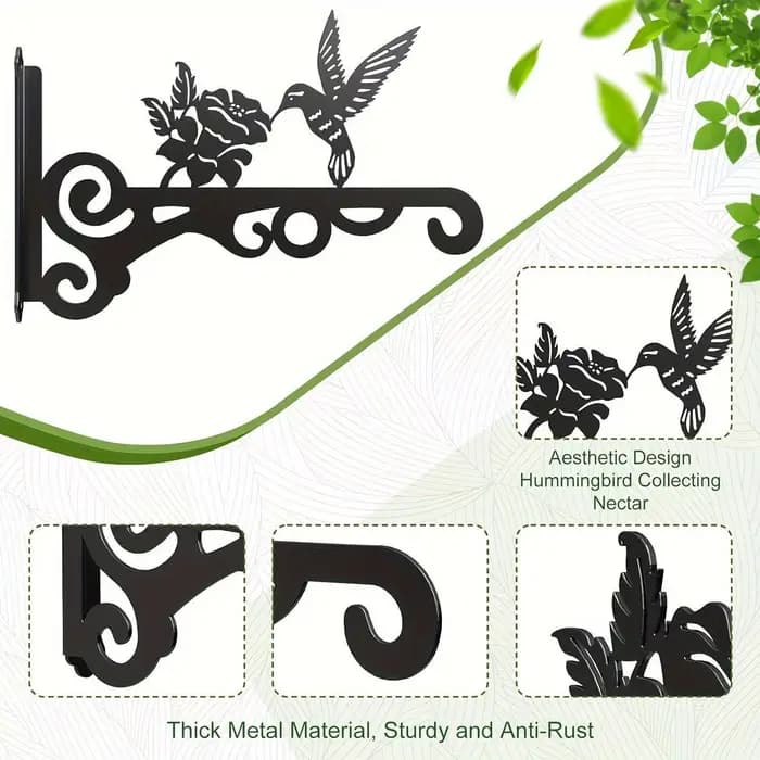 Cintre pour plantes en métal noir, 2 pièces, avec 3 oiseaux et feuilles, robuste, facile à installer