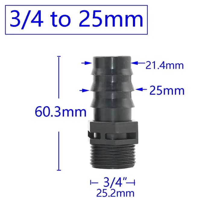 Filetage mâle femelle 1/2 3/4 à 1/2 3/4 1 pouce, connecteur barbelé pour tuyau d'arrosage 16mm 20mm