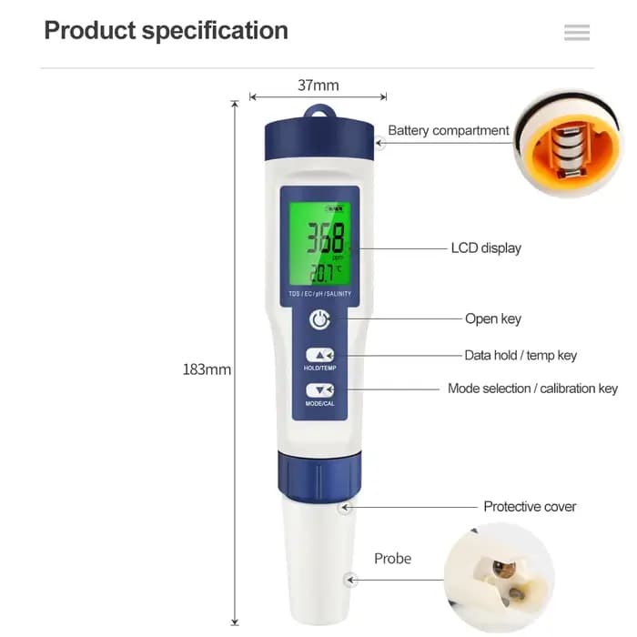Ph-mètre numérique 5 en 1, TDS EC, testeur de température de salinité, conductimètre, filtre, pureté