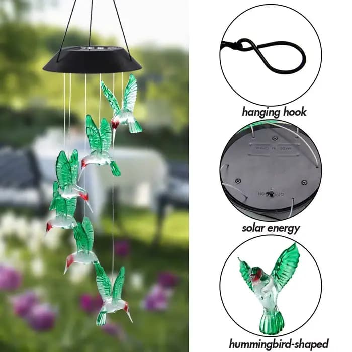 1PC Carillon éolien LED de jardin à dégradé de couleurs, solaire, en forme de colibri, pour éclairag