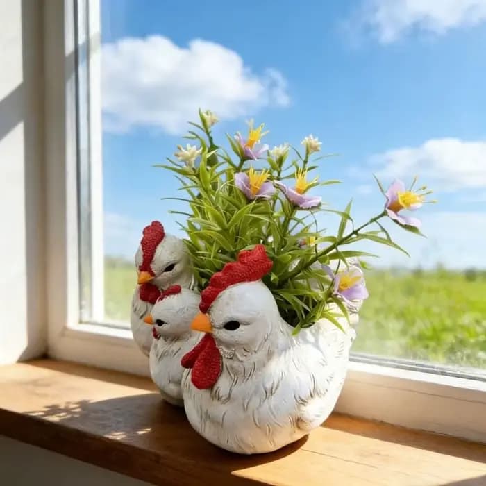 Décoration Créative : Pot de Fleurs Famille de Poulets