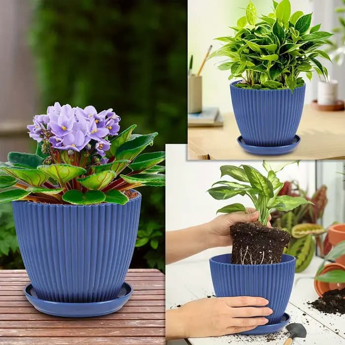 Pot de fleurs vertical rayé épaissi en plastique non-céramique avec soucoupe, pour balcon et bureau, décoration de plantes en pot, tendance 2026