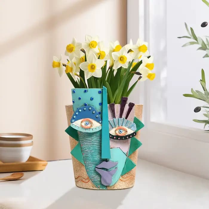 Pot de fleur avec visage abstrait coloré, planteur pour plantes d'intérieur et d'extérieur, décorati