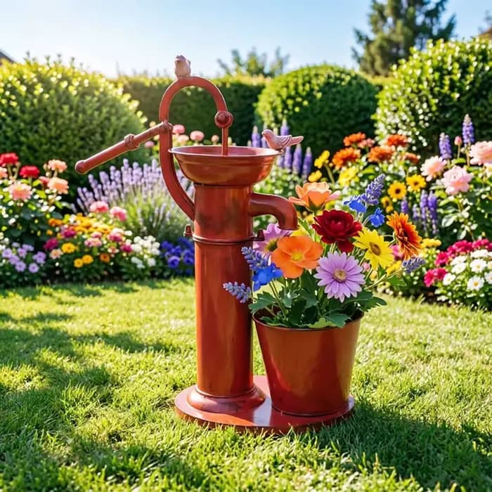 Support de pot de fleurs rétro en fer forgé avec pompe à eau oscillante