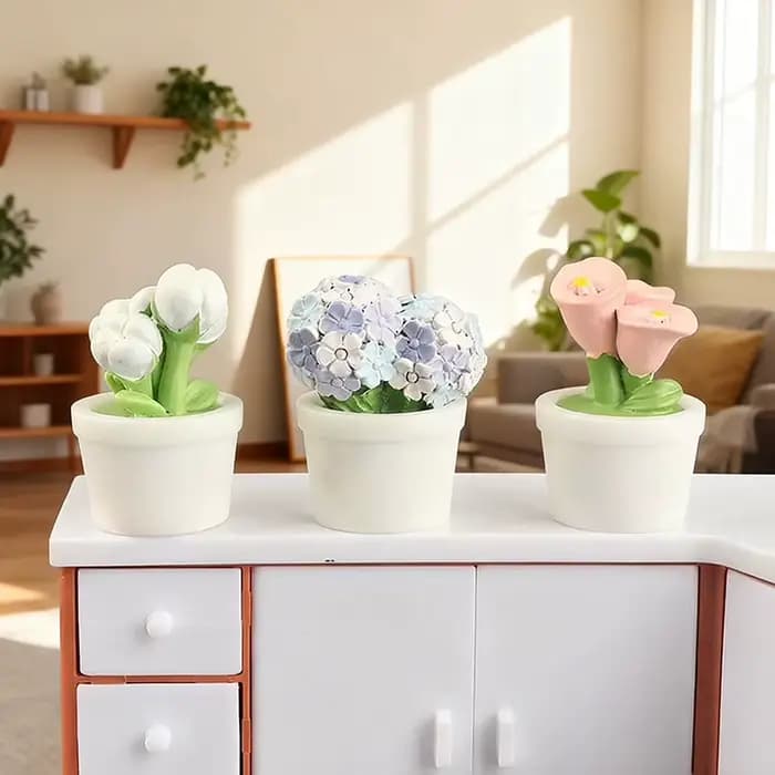 5 pièces de fleurs miniatures réalistes en résine (rose et tulipe) en pot