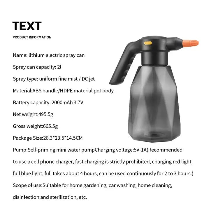 Bouteille pulvérisatrice électrique 2L, pulvérisateur à batterie rechargeable, arroseur électrique p