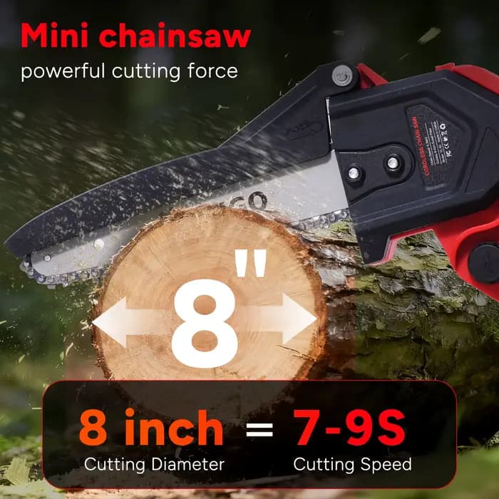 OUTIGO Tronçonneuse à batterie, Tronçonneuse 8 pouces, 2*4000mah, MINI Tronçonneuse sans fil, 4 cha