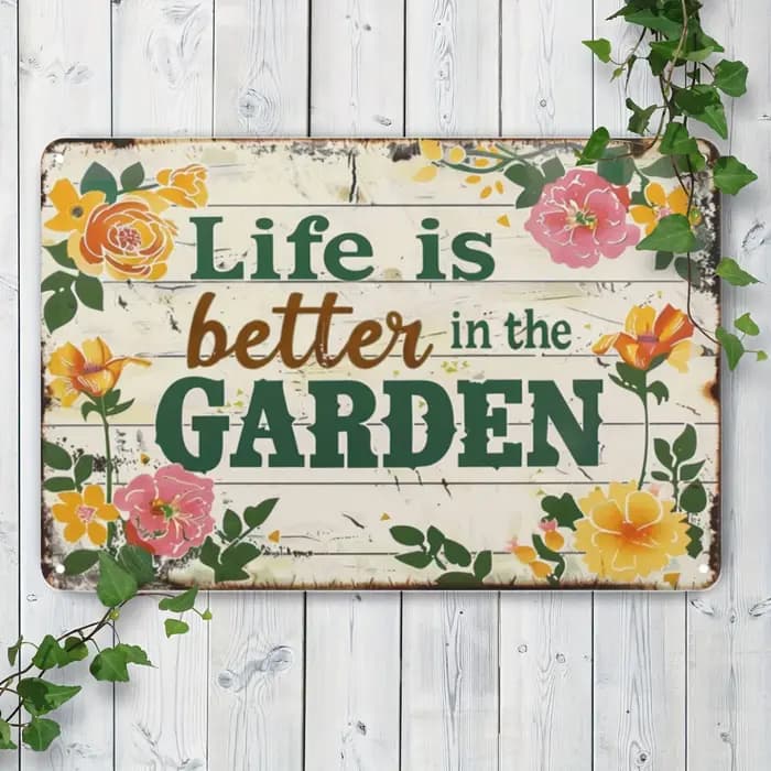 Panneau de jardin en étain « La vie est meilleure dans