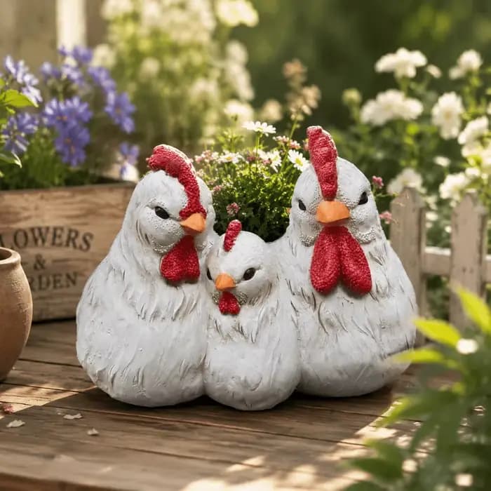Décoration de jardin en résine : Famille de poulets amusants