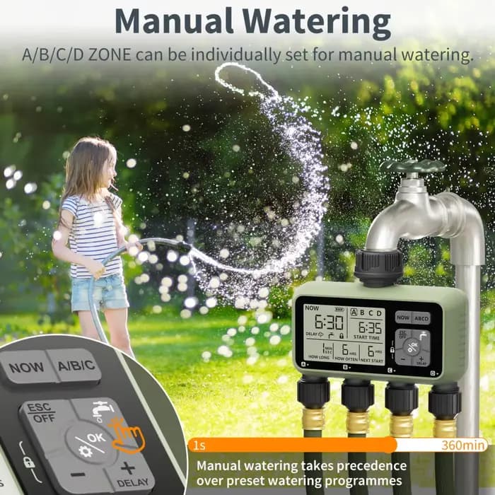 Minuteur d'arrosage Diivoo 4 zones, programmable, automatique, avec fonction de report de pluie, mod