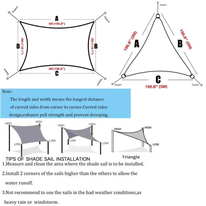 Voile d'ombrage triangulaire 5/3.6/3/2M, auvent de pare-soleil étanche, auvent bloc UV 98% avec cord