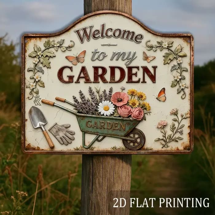 1 plaque en bois « Bienvenue dans mon jardin » – Décoration murale rustique avec motifs floraux colorés et outils de