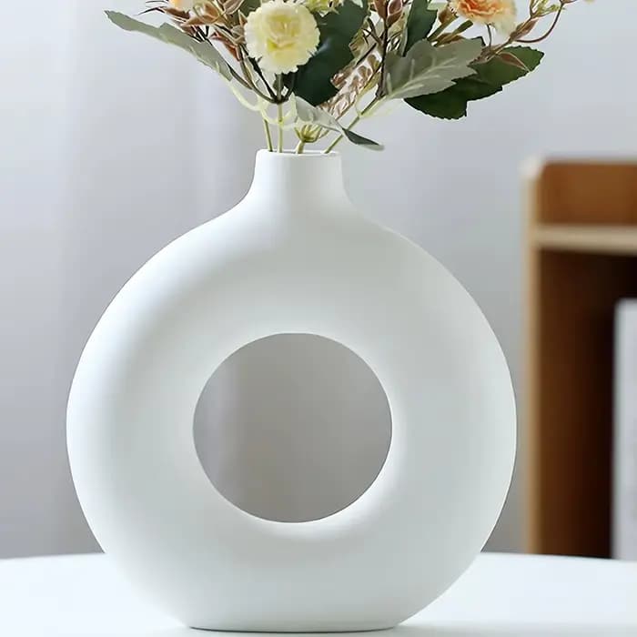 1pc, Vases de Vase en céramique blanc/Beige pour la décoration, Vase de décoration moderne pour la maison, Vases Boho pour la décoration, Vase circulaire, Vase rond, Vas à beignet
