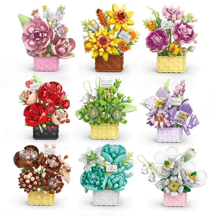Panier de fleurs éternelles roses, plantes en pot, Mini bloc de construction de particules, ornement de fleur de tournesol, jouet assemblé, cadeaux pour enfants