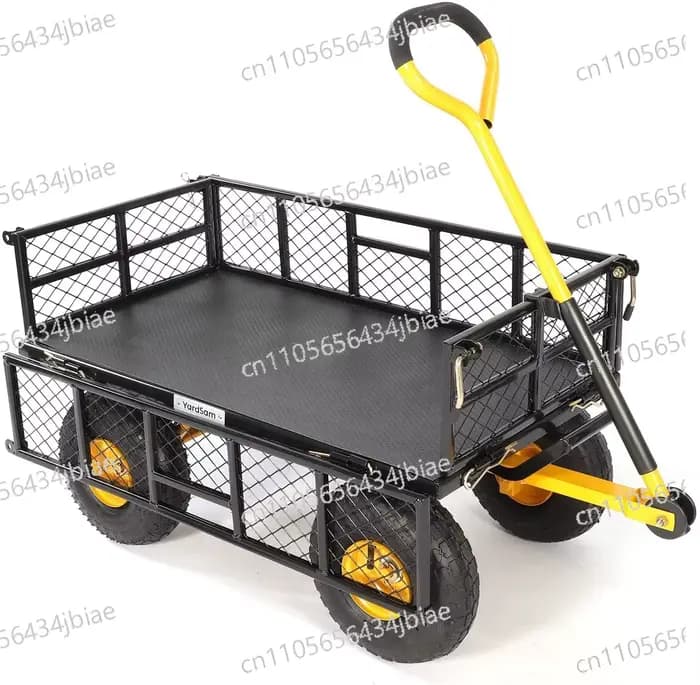 Chariot de jardin robuste à 4 roues en acier de qualité supérieure pour extérieur, avec panier en ma