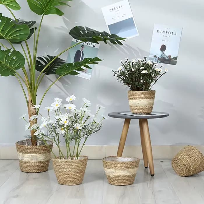 Pot de plantes à fleurs tissées en paille, panier de jardinière d'herbe, couverture de Pot de fleurs