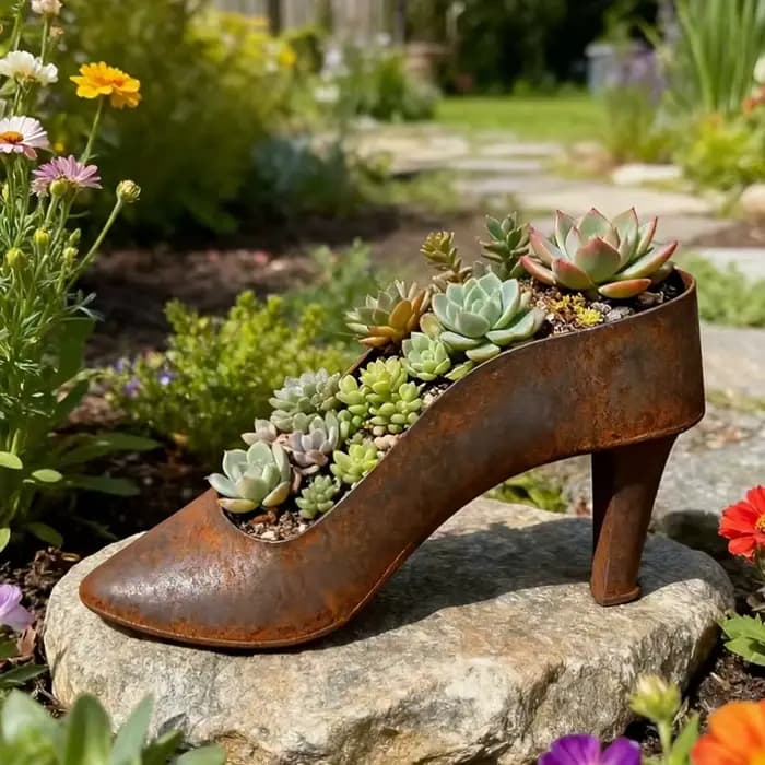 Pot de fleurs ovale lumineux en forme de chaussures à talons hauts rouillées
