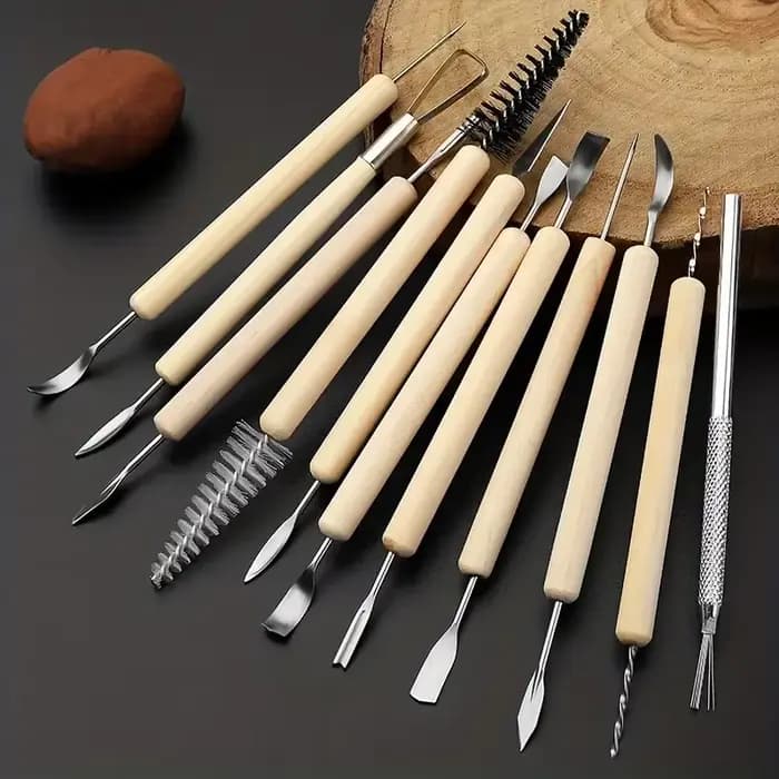 Outils en argile Double face 11 pièces-ensemble de sculpture avec manche en bois pour poterie