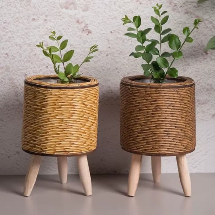 Pot de fleur tissé en rotin à la mode, jardinières de fleurs créatives avec pieds amovibles, support