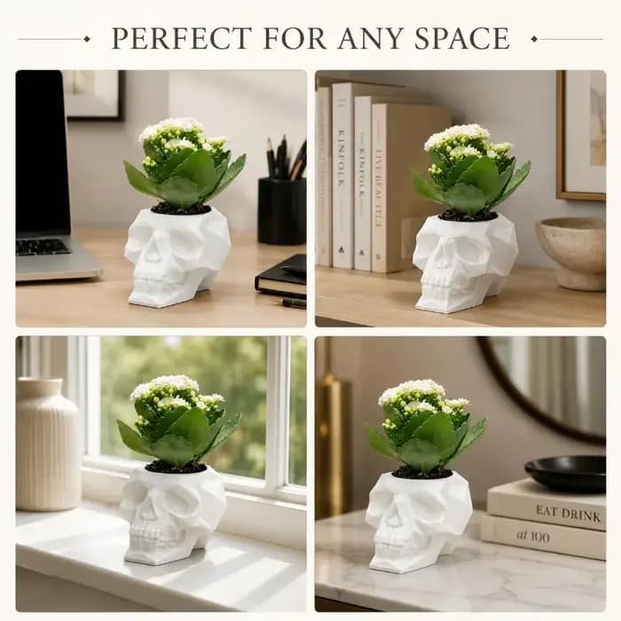 Pot de fleurs en forme de crâne, pot de fleurs gothique en polygone bas pour plantes succulentes, décoration intérieure pour étagère de bureau, cadeau de décoration pour Halloween.