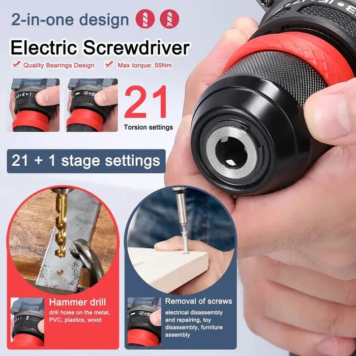 Tournevis électrique sans fil 21V, perceuse à percussion sans balais 2 en 1, Rechargeable, 2 vitesse