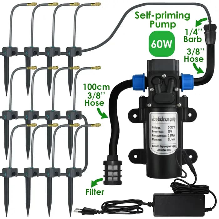 Kit d'irrigation goutte à goutte de jardin 5-30M, pompe auto-amorçante 60W 360 ° Serre de système