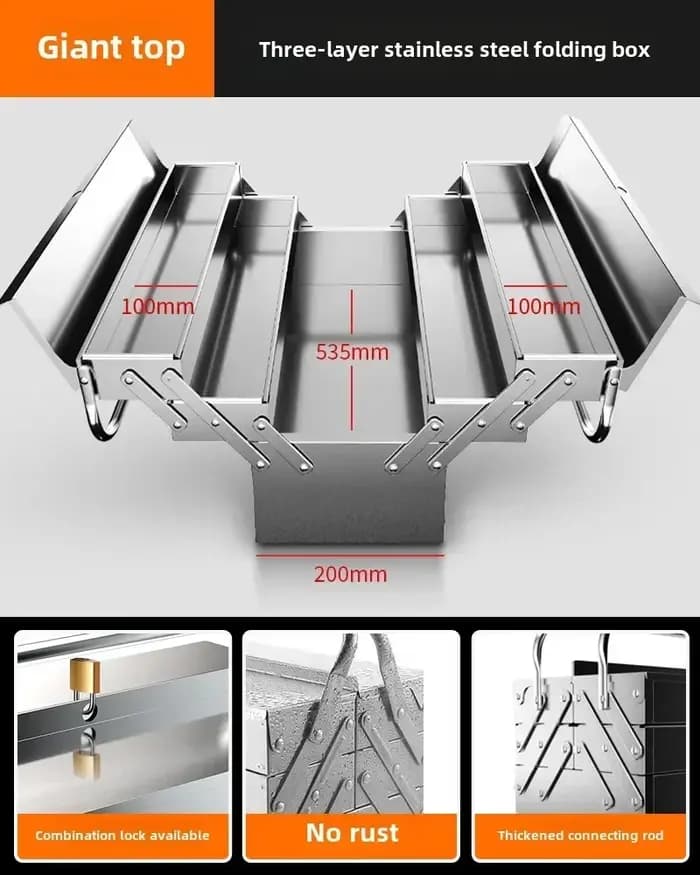 Boîte à outils en acier inoxydable pour usage industriel et domestique avec conception pliable et espace de rangement à 3 couches AAB