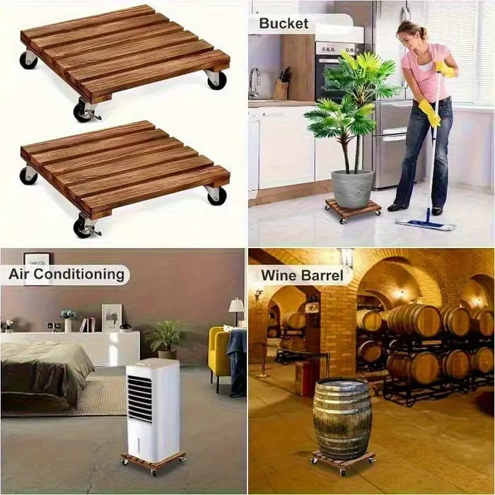 Plateau carré en bois pour pot de fleurs avec roulettes lisses