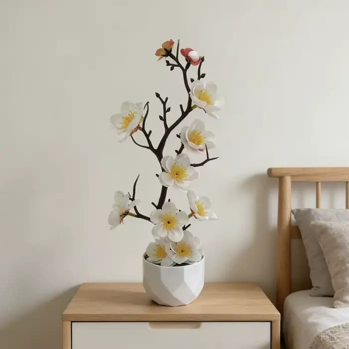 Petite plante artificielle de fleurs de prunier rouges en pot avec pot blanc