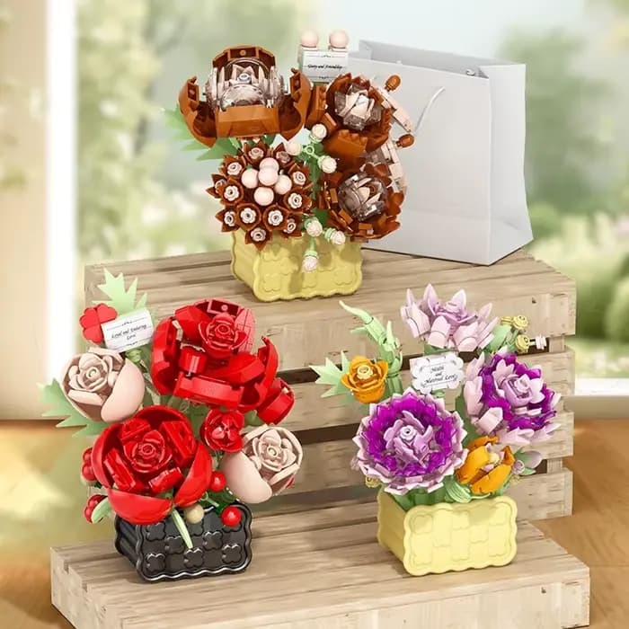 Panier de fleurs éternelles roses, plantes en pot, Mini bloc de construction de particules, ornement de fleur de tournesol, jouet assemblé, cadeaux pour enfants