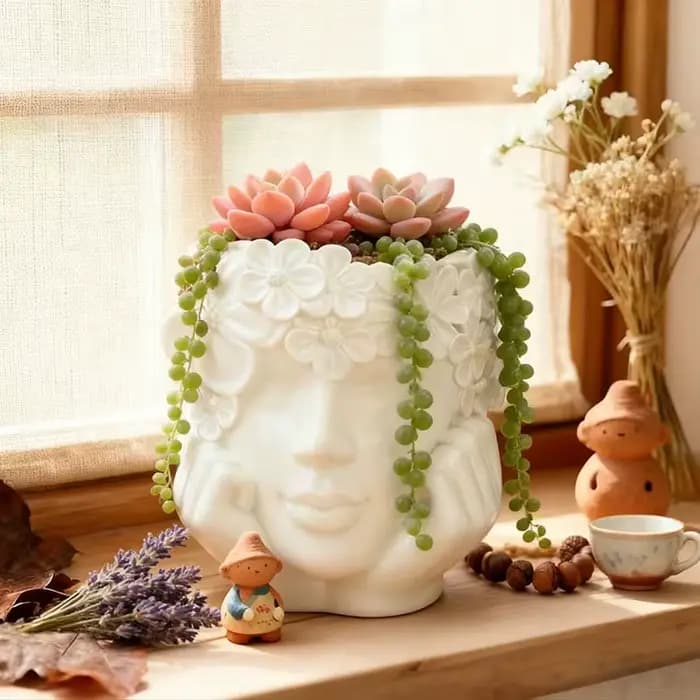 Magnifique pot de fleurs en résine en forme de fille tenant une fleur, pour plantes vertes, décorati