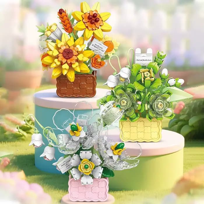 Panier de fleurs éternelles roses, plantes en pot, Mini bloc de construction de particules, ornement de fleur de tournesol, jouet assemblé, cadeaux pour enfants