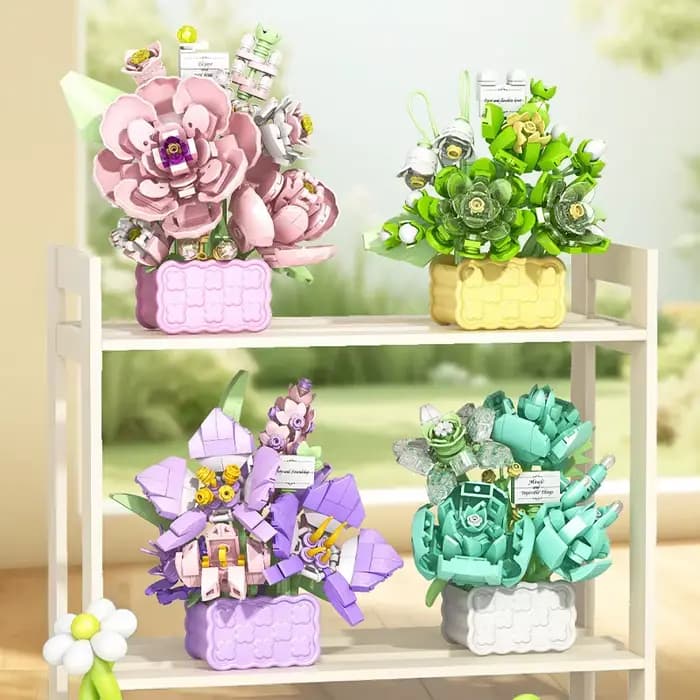 Panier de fleurs éternelles roses, plantes en pot, Mini bloc de construction de particules, ornement de fleur de tournesol, jouet assemblé, cadeaux pour enfants