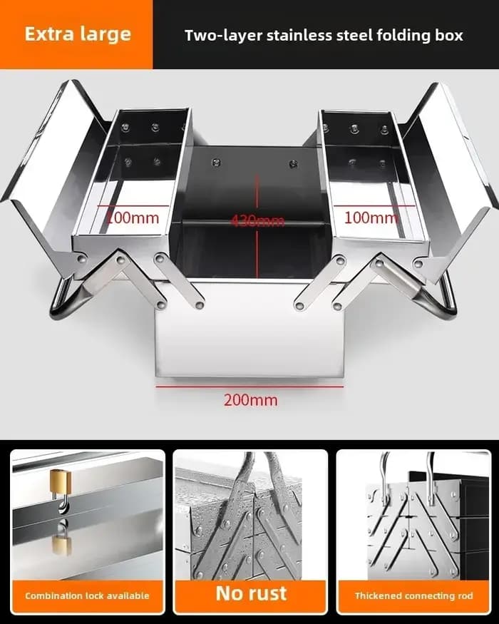 Boîte à outils en acier inoxydable pour usage industriel et domestique avec conception pliable et espace de rangement à 3 couches AE