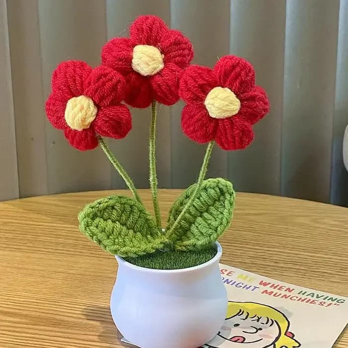 Bricolage Mini fleur de Rose en pot tissé à la main Flores artificielles bureau ornemental plante en pot fil de laine décor à la maison