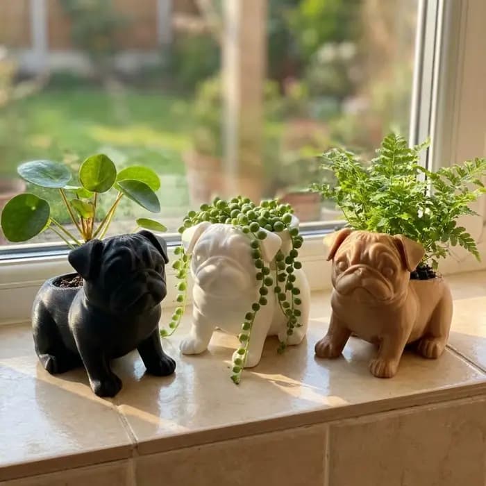 Pot de fleurs en plastique imprimé en 3D en forme de bouledogue, pot minimaliste en forme d'animal, pot de fleurs amusant fait à la main, pot de fleurs pour balcon et terrasse