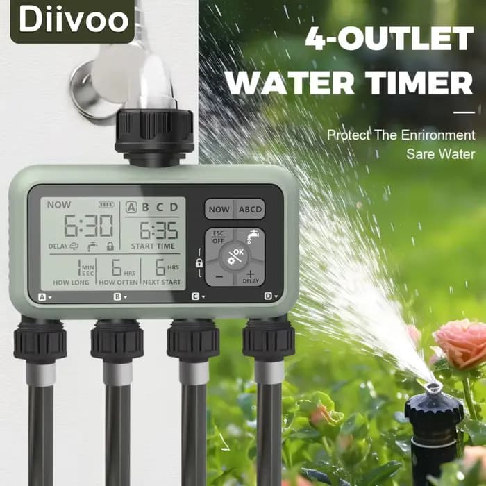 Minuteur d'arrosage Diivoo 4 zones, programmable, automatique, avec fonction de report de pluie, mod