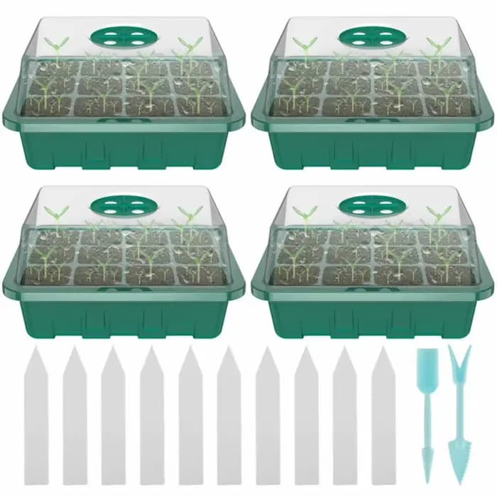 4x Mini serre 12 grilles Pots de jardinage plateau de démarrage étiquette végétale avec trou de Vent