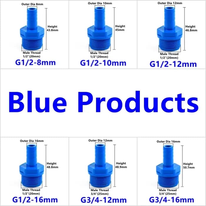 Connecteurs à filetage mâle pagode en PVC bleu, 1/2 "3/4'' à 8 ~ 16mm, connecteur de tuyau d'eau pou