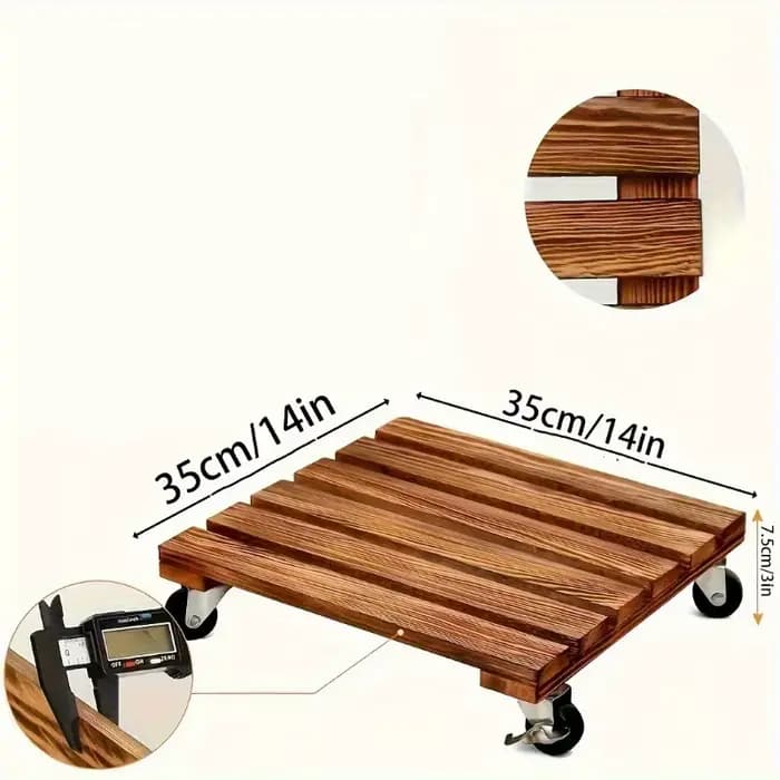 Plateau carré en bois pour pot de fleurs avec roulettes lisses