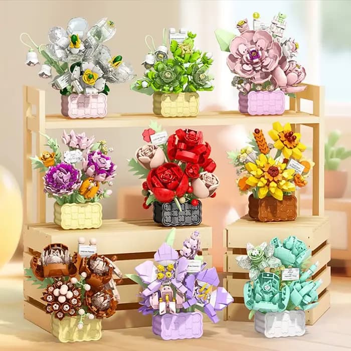 Panier de fleurs éternelles roses, plantes en pot, Mini bloc de construction de particules, ornement de fleur de tournesol, jouet assemblé, cadeaux pour enfants