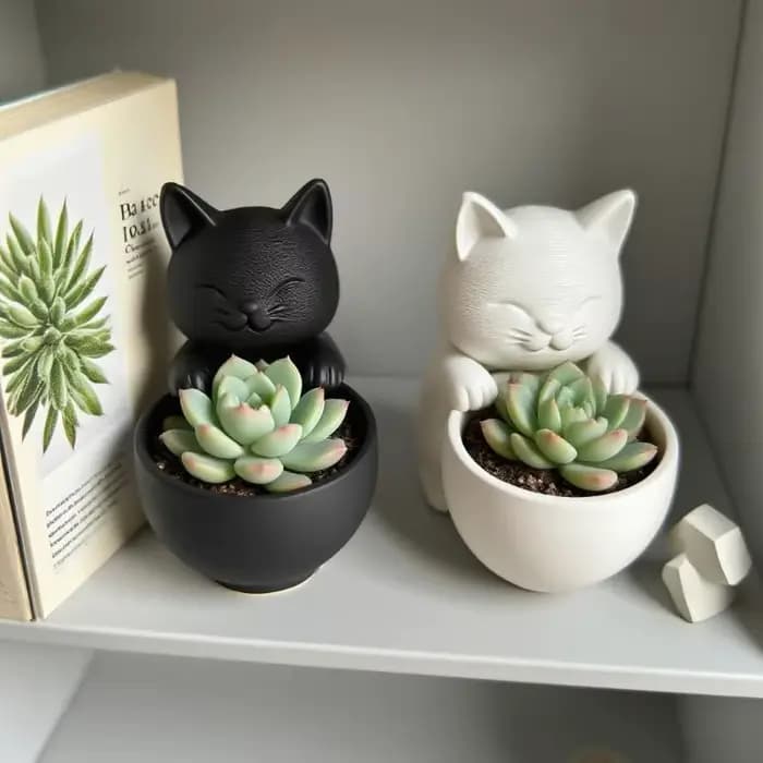 Pot en forme de chat avec trous de drainage - Design unique pour les succulentes