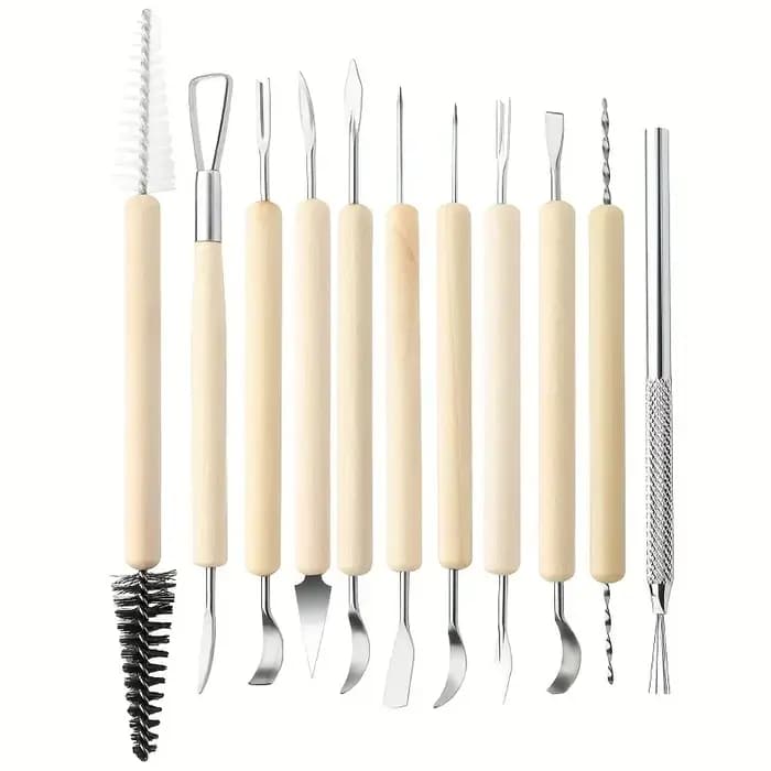 Outils en argile Double face 11 pièces-ensemble de sculpture avec manche en bois pour poterie
