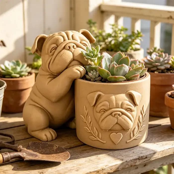 Pot de fleurs en forme de bouledogue, 1 pièce, imprimé en 3D, amusant et créatif, pot de fleurs mignon en forme de bouledogue français, ornement artistique de bureau, décoration de bureau