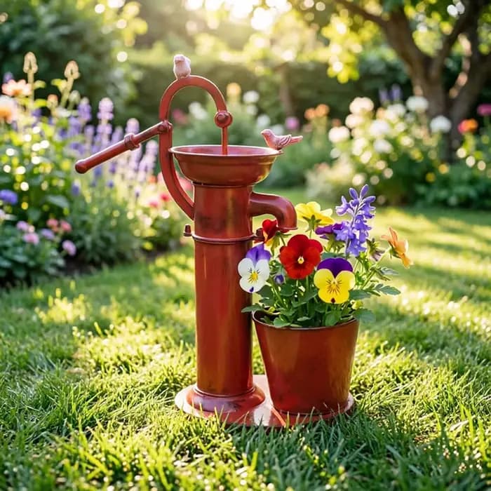 Support de pot de fleurs rétro en fer forgé avec pompe à eau oscillante