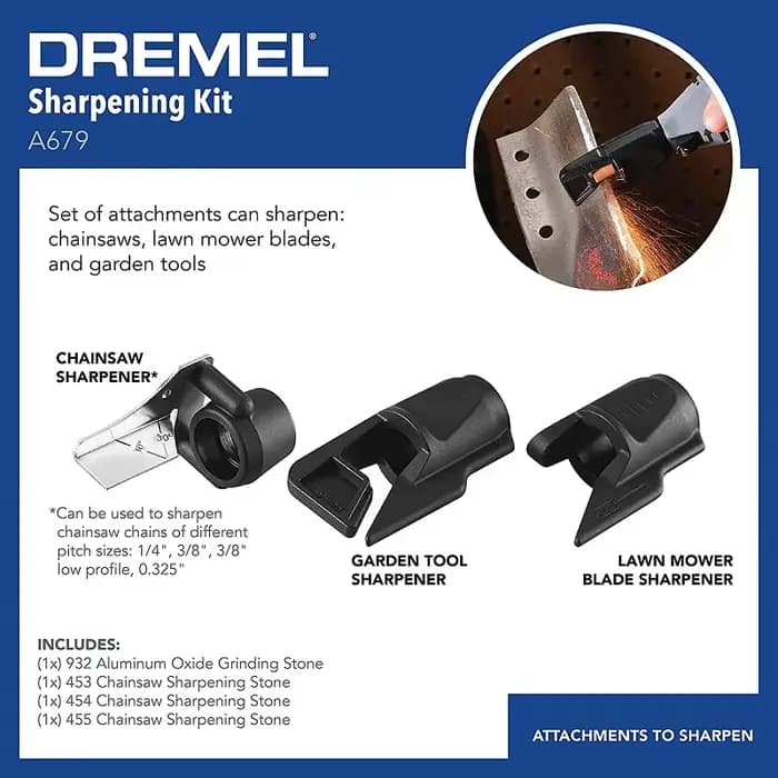 Dremel A679-02 Kit d'affûtage d'outils de jardin comprend 3 accessoires Affûteur de tondeuse à gazon de scie à chaîne