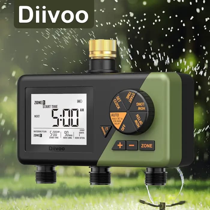 Programmateur d'arrosage automatique Diivoo Garden à 3 zones avec entrées en laiton, fonction de rep