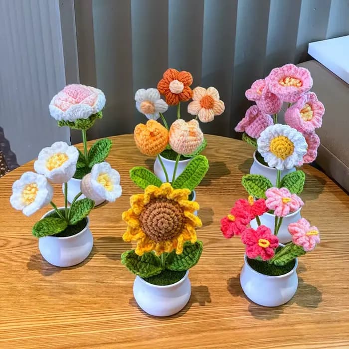 Bricolage Mini fleur de Rose en pot tissé à la main Flores artificielles bureau ornemental plante en pot fil de laine décor à la maison